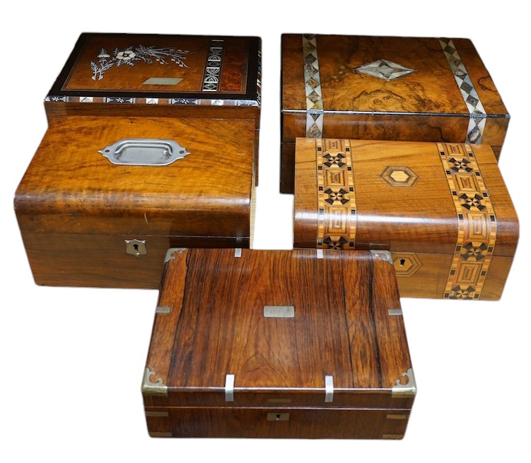 A rosewood military box, a mother-of-pearl inlaid box, another similar box, an inlaid box and plainer box (5). Condition - fair to good